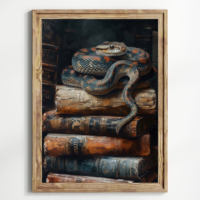 May include: A framed print featuring a detailed painting of a snake coiled atop a stack of antique books. The snake has a patterned skin of blue, orange, and black. The books are aged with visible wear and tear, adding to the vintage aesthetic.