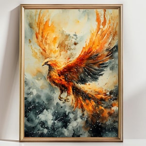 Fiery Phoenix Wall Art Print – Mythical Fire Bird Painting, Fantasy Animal Decor, Bold Watercolor Phoenix Artwork for Home Gallery