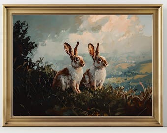 Landscape Hare Wall Art Print, Vintage Rabbit Painting Poster, Rustic Cottagecore Animal Decor, Pastel Nature Landscape, Nursery Woodland