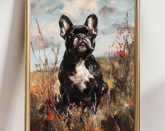 Lámina artística de bulldog francés: Lindo retrato de perro negro, decoración de pared original