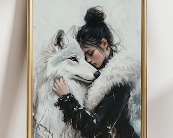 Girl Hugging White Wolf Wall Art Print, Emotional Fantasy Portrait, Winter Animal Art, Nordic Aesthetic Decor, Mystical Wildlife Painting
