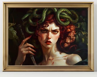May include: A framed art print featuring a portrait of Medusa. The artwork depicts a woman with red hair, green snakes, and a stern expression, holding a dagger. The color palette includes greens, reds, and golds.
