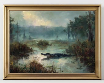 Alligator Swamp Wall Art – Moody Wildlife Landscape Print, Foggy Southern Bayou Painting, Gator Nature Decor for Rustic Homes