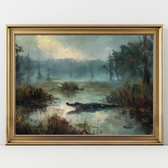 Alligator Swamp Wall Art – Moody Wildlife Landscape Print, Foggy Southern Bayou Painting, Gator Nature Decor for Rustic Homes