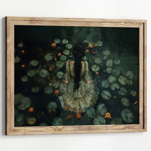 Ophelia Dark Academia Print - The Lake, Goth Moody Victorian Wall Art, Dark Decor Aesthetic, Dark Cottagecore, Gothic Prints into lake