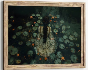 Ophelia Dark Academia Print - The Lake, Goth Moody Victorian Wall Art, Dark Decor Aesthetic, Dark Cottagecore, Gothic Prints into lake