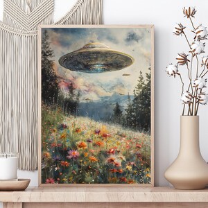 UFO Surreal Art Print,Wildflower Meadow, Eclectic Wall Art, Floral Cottagecore Landscape Funny Altered Art Print UFO Wall Alien Art Print image 5