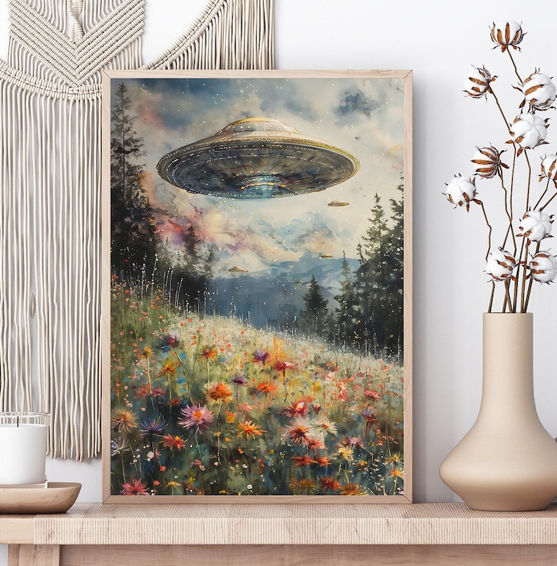 UFO Surreal Art Print,Wildflower Meadow, Eclectic Wall Art, Floral Cottagecore Landscape Funny Altered Art Print UFO Wall Alien Art Print image 5