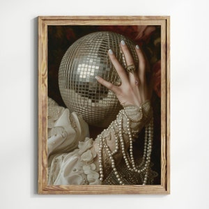 Victorian Art altered Print moody Painting, vintage golden Disco Ball Print, victorian decor wall art, dark moody altered art Print Pearls