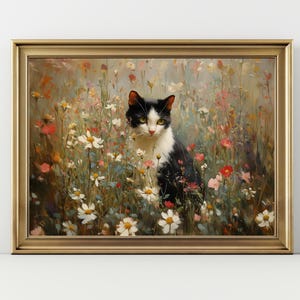 Cat in Wildflower Meadow Art Print – Cottagecore Cat Wall Art, Floral Animal Poster, Calico Cat Nature Decor, Garden Style Artwork