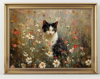 Black and White Tuxedo Cat Wildflower Wall Art Print, Cottagecore Cat Painting, Floral Meadow Pet Decor Forestcore Cottagecore