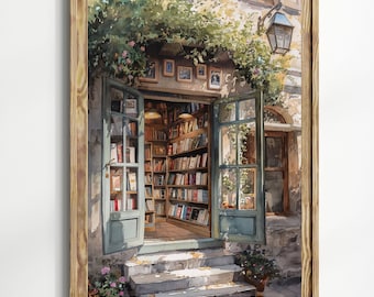 May include: A vintage-style bookstore with a wooden door and window frames, a green door, and a bookshelf filled with books. The bookstore is located in a building with a stone facade and a vine growing on the wall. The building has a wooden sign above the door.