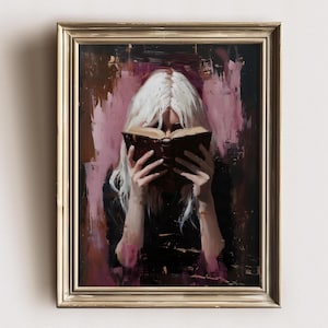 Woman Bookish Wall Art Print , Dark Academia Reading Decor, Librariancore Wall Art, Moody Reading Nook Painting, Book Lover Gift