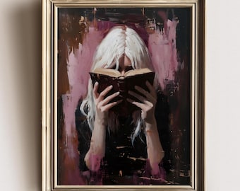 Woman Bookish Wall Art Print , Dark Academia Reading Decor, Librariancore Wall Art, Moody Reading Nook Painting, Book Lover Gift