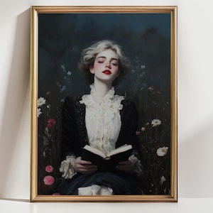 Romantic Vintage Portrait Print – Dreamy Woman with Book Wall Art, Floral Fantasy Reading Art, Feminine Victorian Aesthetic