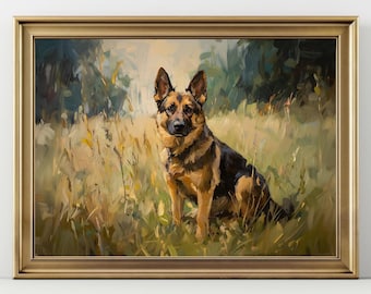 May include: Oil painting of a German Shepherd dog sitting in a field of tall grass. The dog has black and tan fur and is looking directly at the viewer. The artwork is framed in a gold-colored frame.