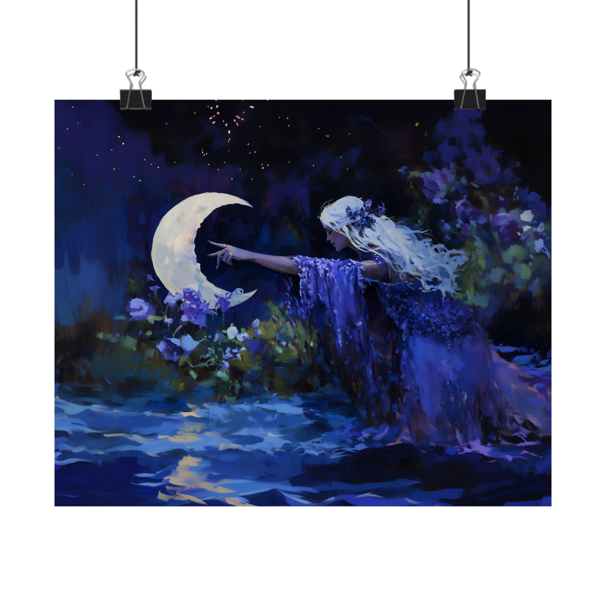 Moon Goddess Wall Art, Celestial Fantasy Print, Blue Ethereal Poster - Etsy