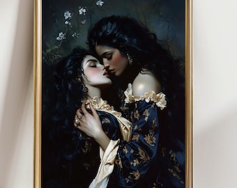 Dark Romantic Women Portrait Print, Gothic Lesbian Wall Art, Moody Oil Painting Style Poster