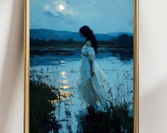 Woman in White Dress by Moonlit Lake Art Print, Romantic Night Landscape Painting, Ethereal Feminine Wall Decor, Dreamy Nature Artwork