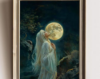 Selene, Goddess of the Moon Matte Print, Moody Dark Acdemia Wall Art, Celestial Goddess Art, Greek Mythology Lover,  Moon Goddess Art Gift