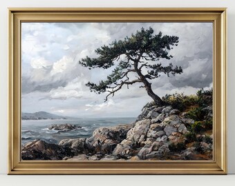 Lone Pine Tree Rocky Coast Print, Moody Coastal Landscape Wall Art, Stormy Sea Cliff Decor, Vintage Nature Poster