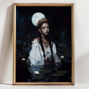 Moonlit Water Goddess Art – Dark Ethereal Wall Print, Fantasy Portrait, Witchy Full Moon Decor