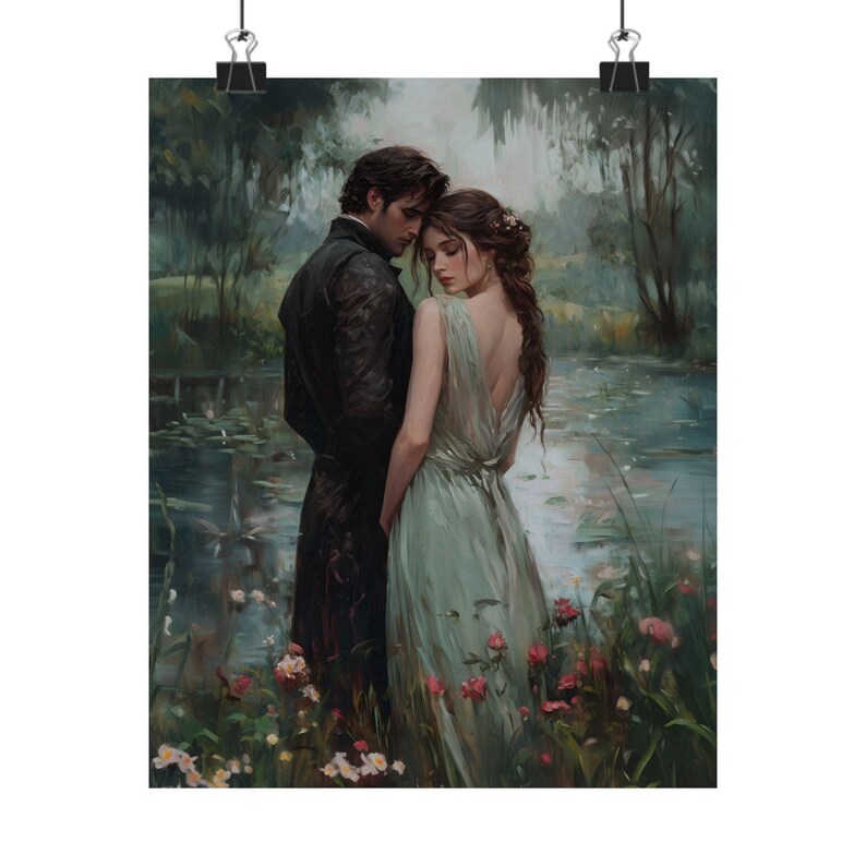 A painting depicting a couple embracing in a romantic setting, surrounded by flowers and a pond.