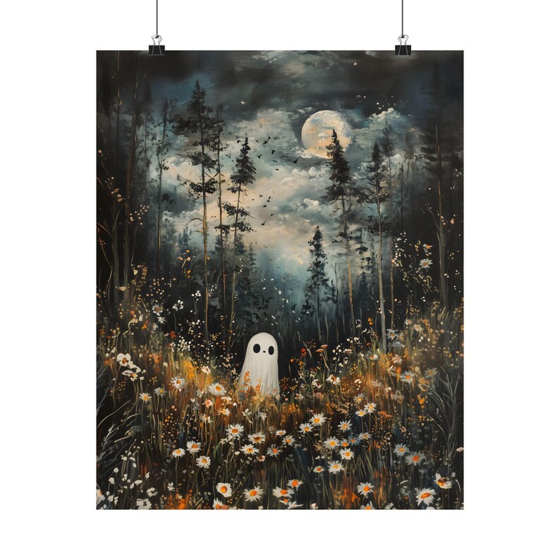 Ghost in Magical Forest Wildflowers Meadow Art Print, Whimsical