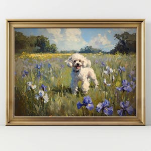 White Poodle Field Art Print – Joyful Spring Wildflower Landscape, Cute Pet Wall Decor, Pastoral Meadow Painting, Happy Puppy Artwork