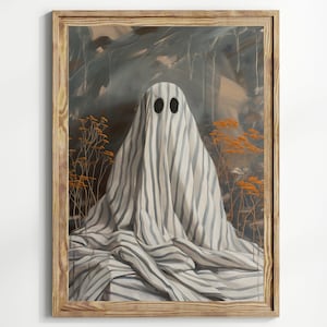 Striped Ghost Art Print – Moody Halloween Wall Decor, Ghostcore Aesthetic Poster, Spooky Autumn Artwork with Fall Florals