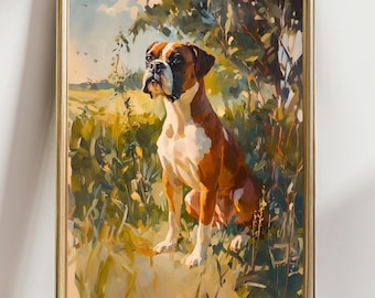 May include: A painting of a brown and white boxer dog sitting in a field of green grass and trees. The dog is looking to the left of the image.