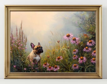 May include: A painting of a French bulldog sitting in a field of pink and purple wildflowers. The dog is looking to the right of the frame. The background is a soft, hazy blue.