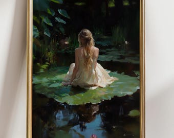 Romantic Wall Art | Woman on Water Lily | Vintage Nature Painting | Cottagecore Fairycore Print | Ethereal Dreamy Home Decor