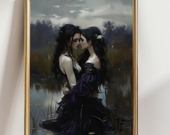 Gothic Lesbian Couple Art Print • Dark Romantic Wall Decor • Enchanted Lovers Painting • Sapphic Fantasy Artwork • Moody Gothic Home Decor
