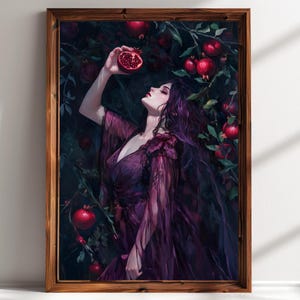 Dark Feminine Art Print – Gothic Woman with Pomegranate, Persephone Myth Wall Decor, Witchy Aesthetic Art for Dark Academia afbeelding 2