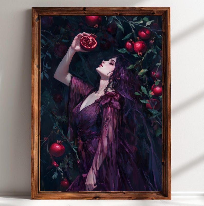 Dark Feminine Art Print – Gothic Woman with Pomegranate, Persephone Myth Wall Decor, Witchy Aesthetic Art for Dark Academia afbeelding 2