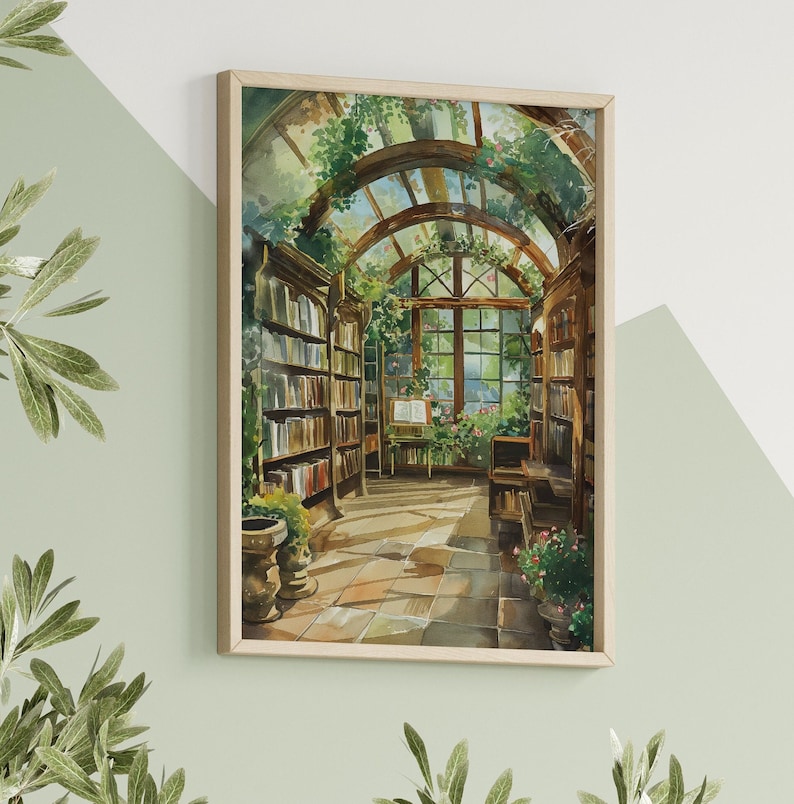 May include: A watercolor painting of a sunlit greenhouse filled with bookshelves and plants. The greenhouse has a glass roof and a large window that lets in natural light. The bookshelves are filled with books, and there are plants growing in pots on the floor.