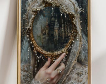Mirror - Victorian Art Poster Print moody Painting, vintage woman Print, victorian decor wall art, dark moody antique art Print, lace Pearls