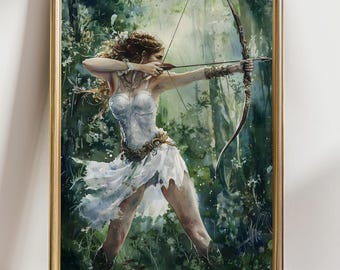Può includere: Dipinto ad acquerello incorniciato di un'arciere in un ambiente forestale. La donna indossa un abito bianco e mira con arco e freccia. L'opera d'arte ha una cornice dorata e uno sfondo di lussureggiante fogliame verde.