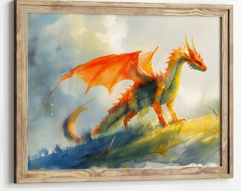 Nursery Dragon with Wildflowers Watercolor Art Poster Print fantasy art forest and a dragon Fantasy Painting, illustration Dark Academia