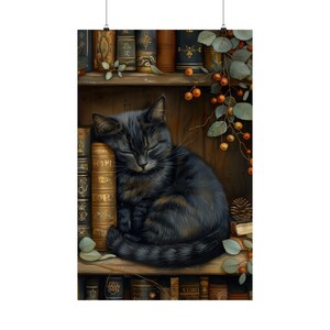 Black Cat Dark Academia Decor Moody Bookish Wall Art Stack Books Print ...