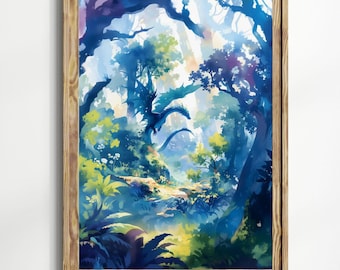 Forest Dragon Watercolor Art  Vertical Poster Print fantasy art forest and a dragon Fantasy Painting, Watercolor illustration Dark Academia