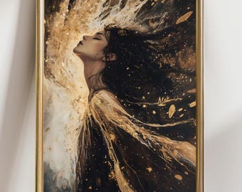 Golden Goddess Nyx Wall Art Print  Dark Divine Feminine Poster, Night Goddess Decor, Mystical Celestial Witch Aesthetic Artwork