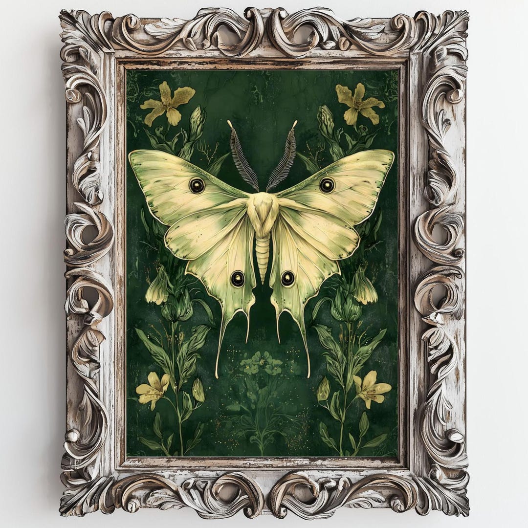 Luna Moth Print, Dark Botanical Prints, Dark Cottagecore Wall Art ...