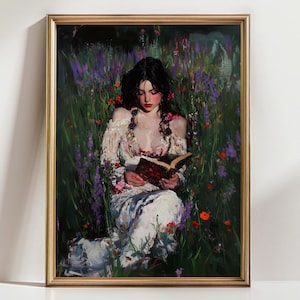 Girl Reading in Wildflower Meadow Art Print Cottagecore Bookish Wall Decor, Romantic Floral Portrait, Dark Academia Aesthetic