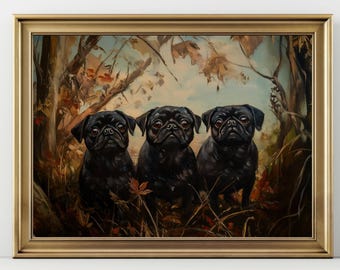 Black Pug Trio Wall Art, Cute Pug Dog Painting, Funny Pug Wall Decor, Pug Lover Gift, Dog Portrait Artwork