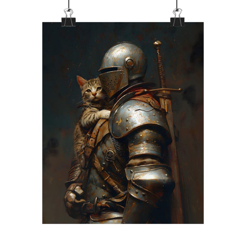Medieval Knight with a cat Art Print, Knightcore Art, vintage Painting Fantasy Maximalist Decor, Dark Academia Goth Moody Victorian Wall Art image 5
