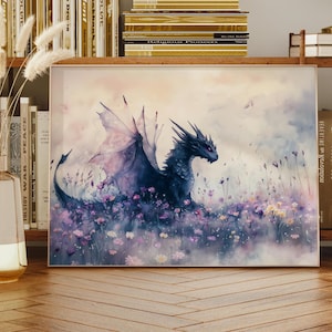 Dragon Watercolor Art Horizontal Poster Print fantasy art forest and a dragon Fantasy Painting, Watercolor illustration Dark Academia