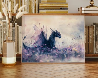 Dragon Watercolor Art Horizontal Poster Print fantasy art forest and a dragon Fantasy Painting, Watercolor illustration Dark Academia