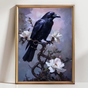Raven Art Print – Gothic Crow with White Magnolia Flowers, Dark Nature Wall Decor, Mystical Bird Artwork